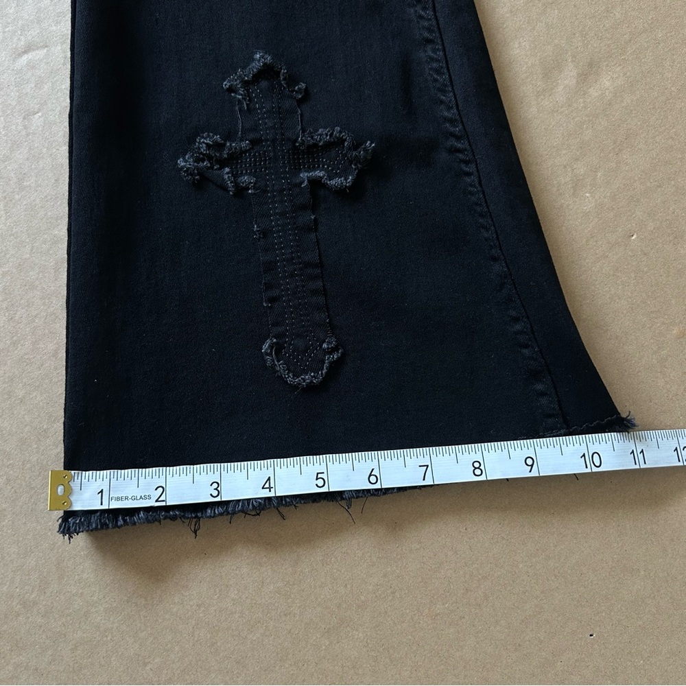 Hot Topic Black Cross Patch Side Chain Flare Pants Sz 3 Low Rise Gothic Stretch - Picture 15 of 16